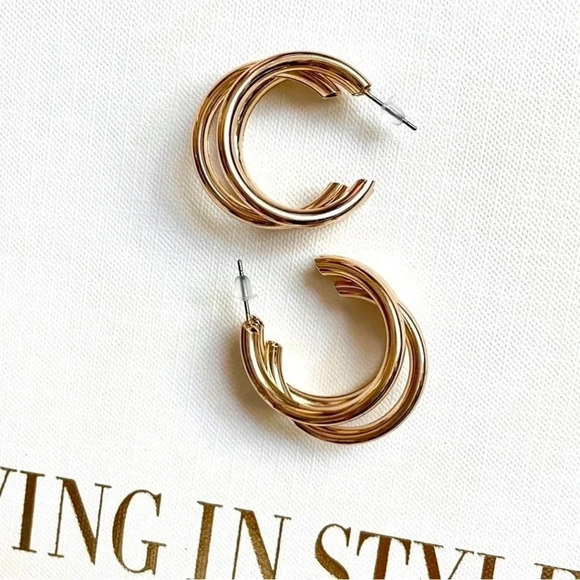 New 18K Gold Plated Triple Layered Hoop Earrings - Picture 5 of 5